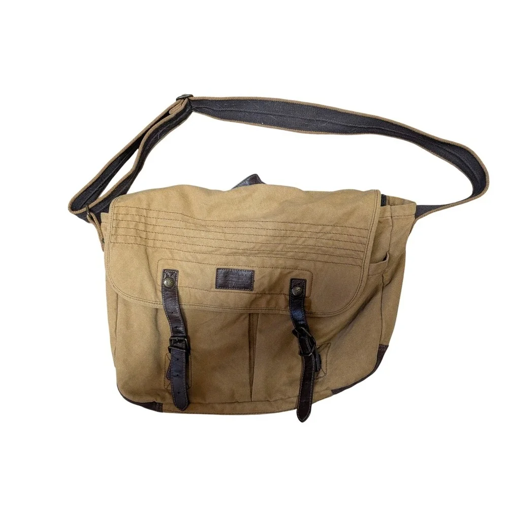 Tan Canvas Messenger Bag Brown Faux Leather Trim Buckle Flap Crossbody Satchel